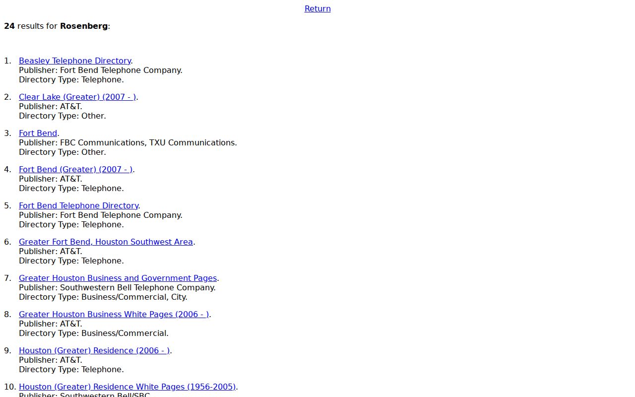 Rosenberg city directory UT Center for American History holdings