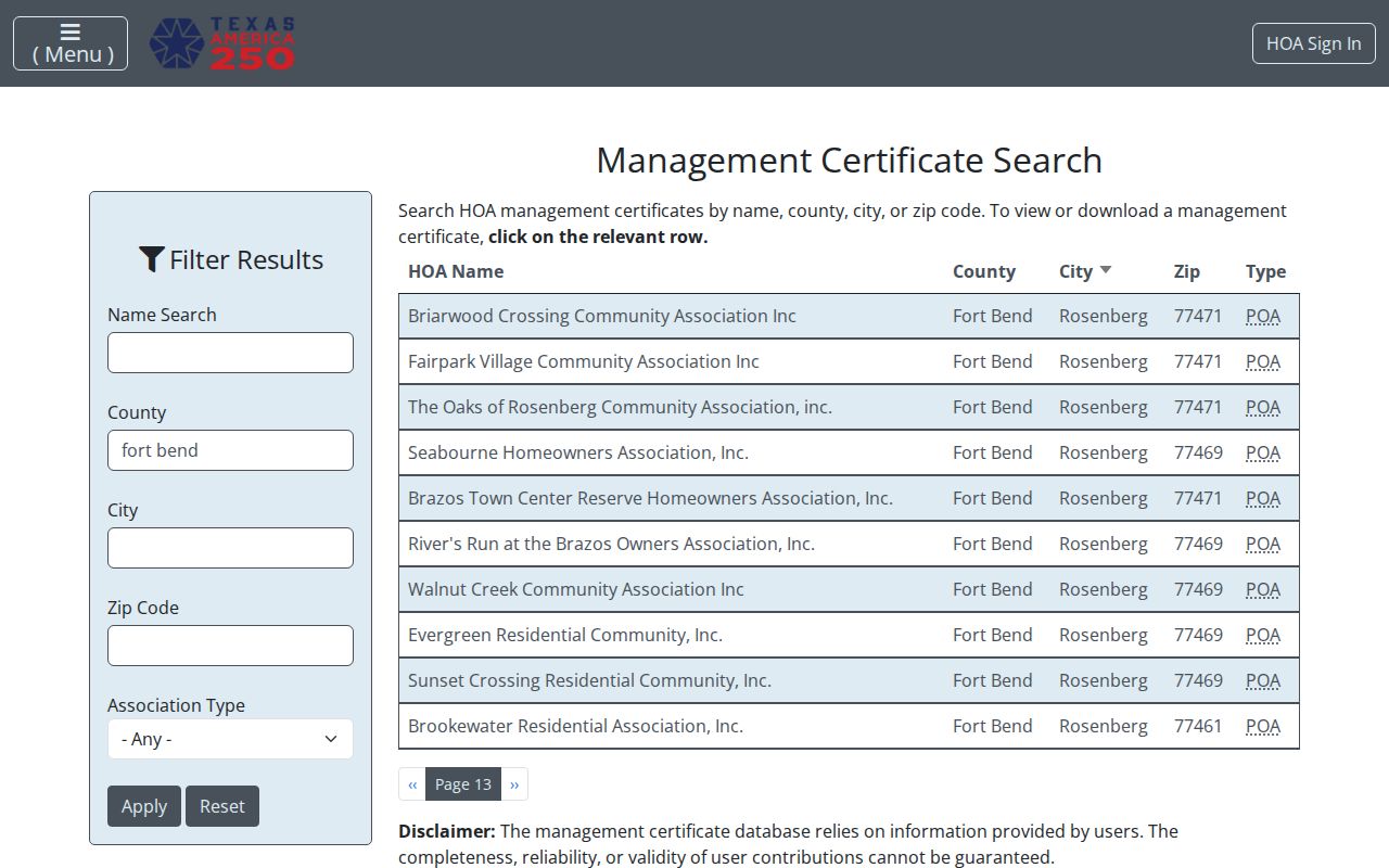 Rosenberg ZIP code directory Texas HOA certificate ZIP filter